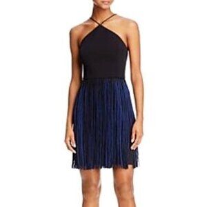 Aidan Mattox Black Blue Fringe Crepe Halter Cocktail Dress Size 4